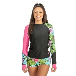 Wave Life Bali Escape Stirrup Sleeve Rash Gaurd Women’s M Tropical Floral UPF50+